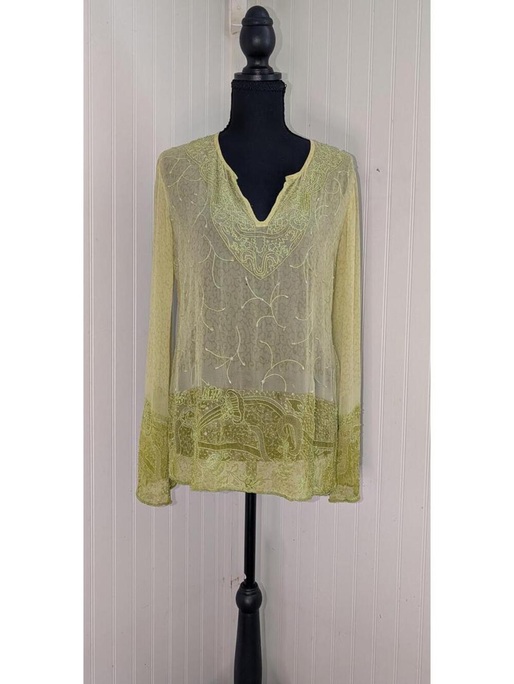 Sheer Delicate Chiffon Ethnic Boho Long Sleeve Embroidered Beaded Top